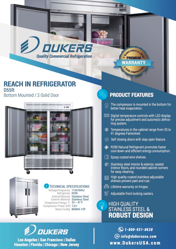 Dukers D55R 2-Door Commercial Refrigerator in Stainless Steel