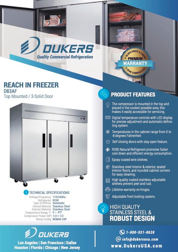 New Dukers D83AF Stainless Steel Commercial Solid 3-Door Top Mount Reach-in Freezer