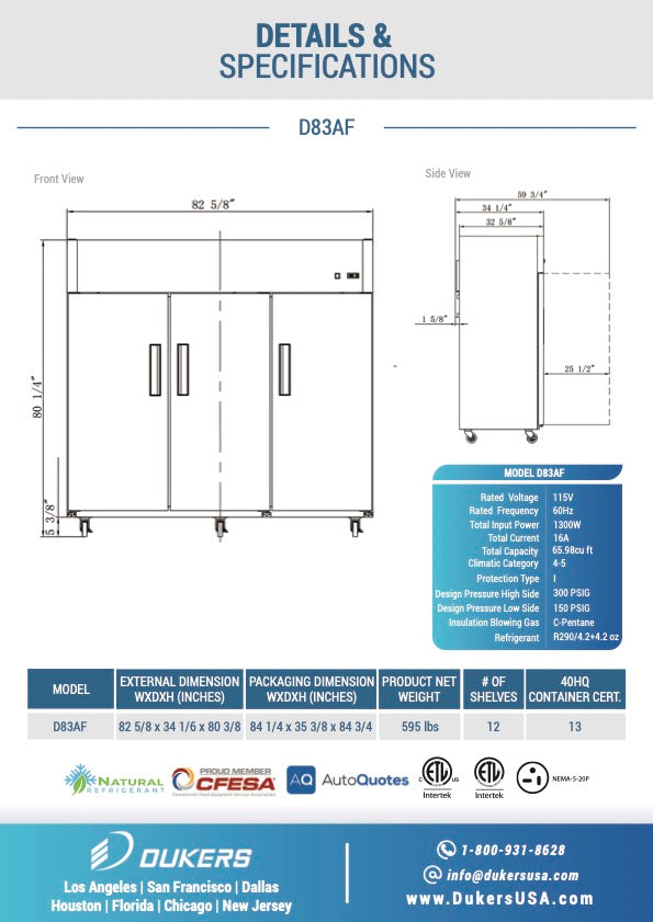 New Dukers D83AF Stainless Steel Commercial Solid 3-Door Top Mount Reach-in Freezer