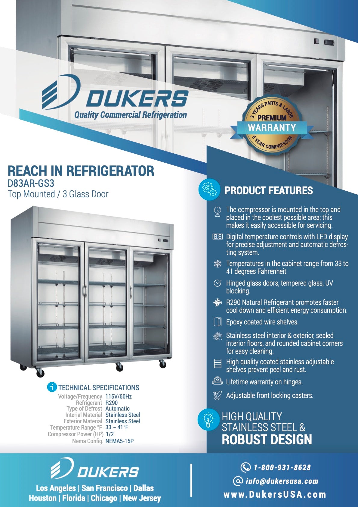 New Dukers D83AR-GS3 Top Mount Glass 3-Door Commercial Reach-in Refrigerator