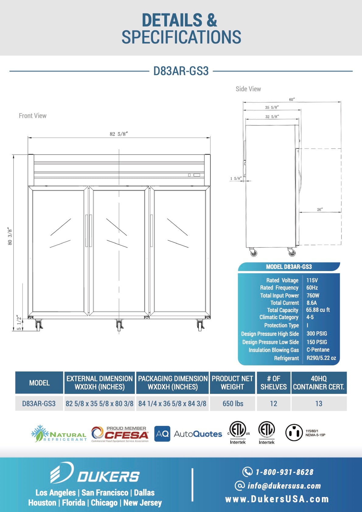 New Dukers D83AR-GS3 Top Mount Glass 3-Door Commercial Reach-in Refrigerator