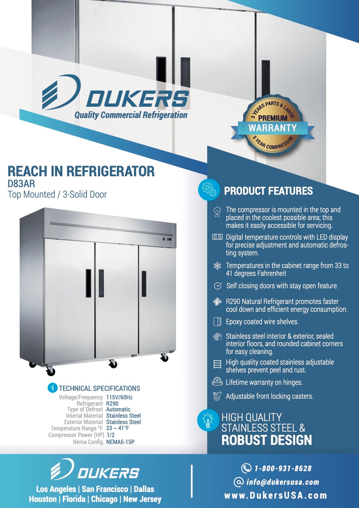 New Dukers D83AR Stainless Steel Commercial Solid 3-Door Top Mount Reach-in Refrigerator