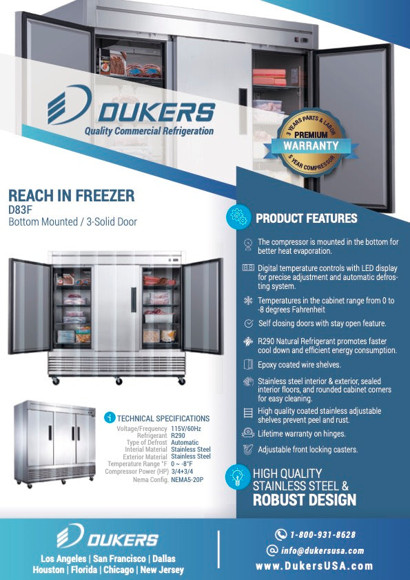 New Dukers D83F Stainless Steel Solid 3-Door Commercial Reach-in Freezer