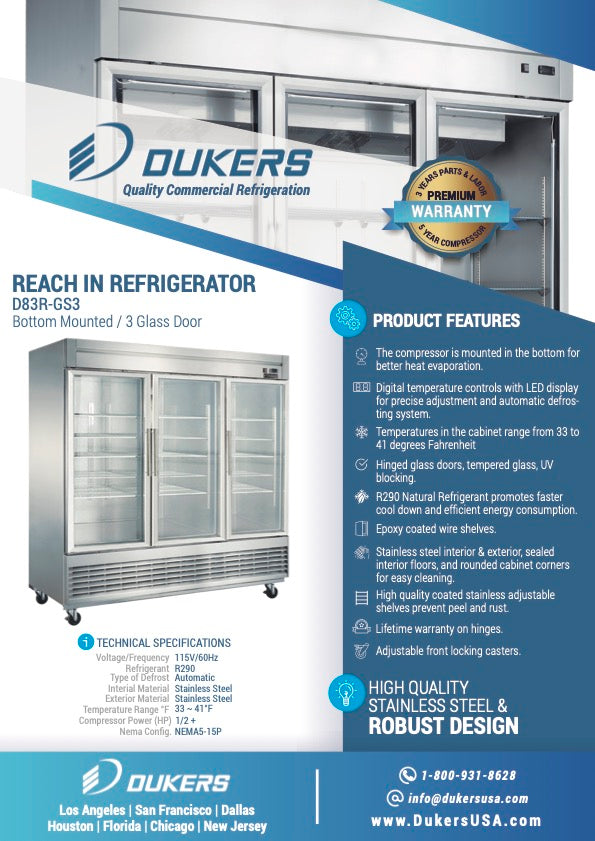 New Dukers D83R-GS3 Bottom Mount Glass 3-Door Commercial Reach-in Refrigerator