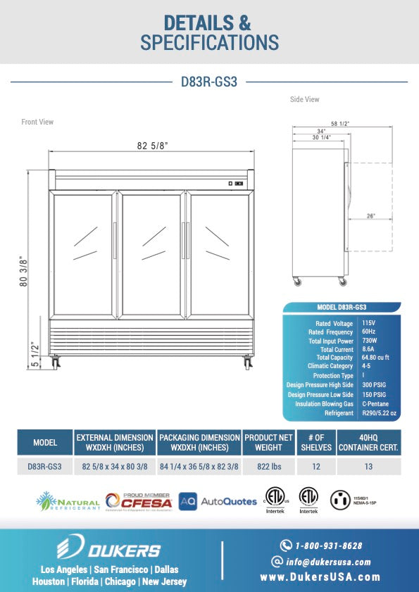 Dukers D83R-GS3 Bottom Mount Glass 3-Door Commercial Reach-in Refrigerator