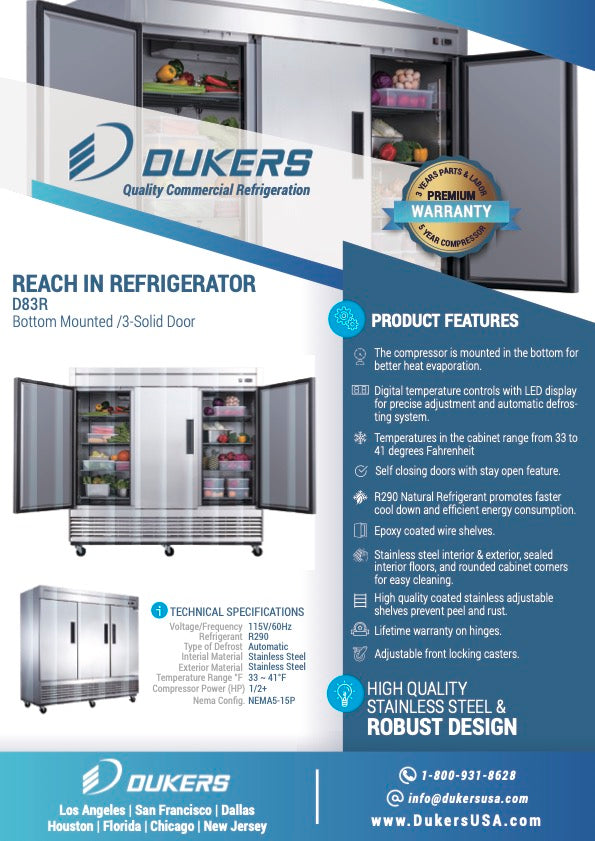New Dukers D83R Stainless Steel Solid 3-Door Commercial Reach-in Refrigerator