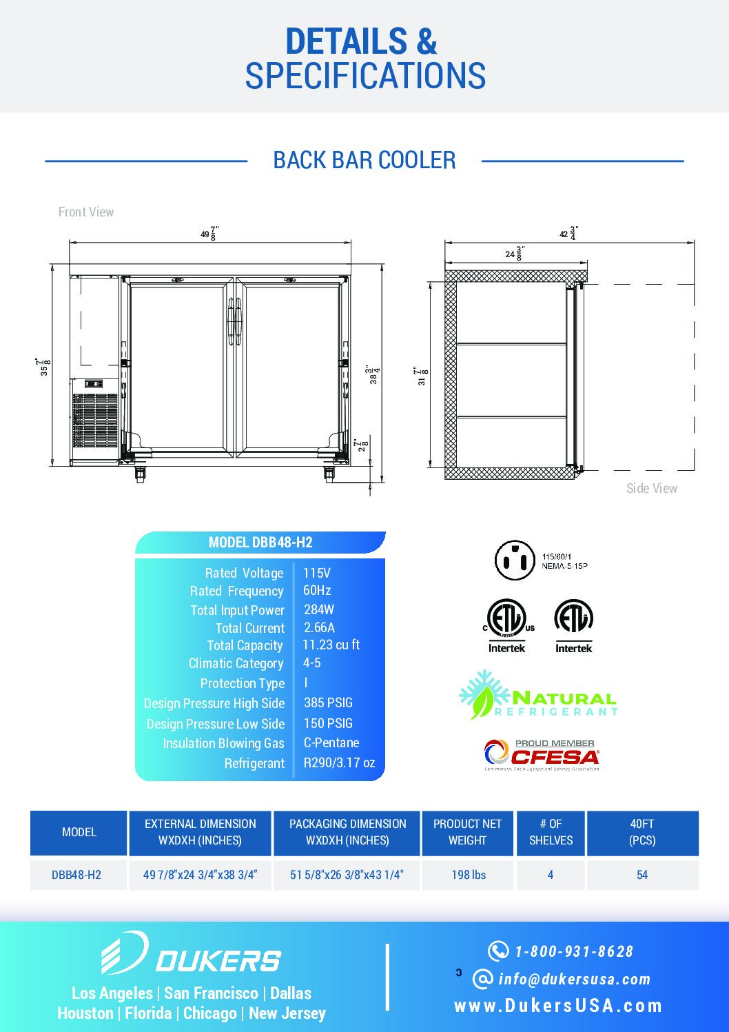 Dukers DBB48-H2 2-Door Bar and Beverage Cooler (Hinge Doors)