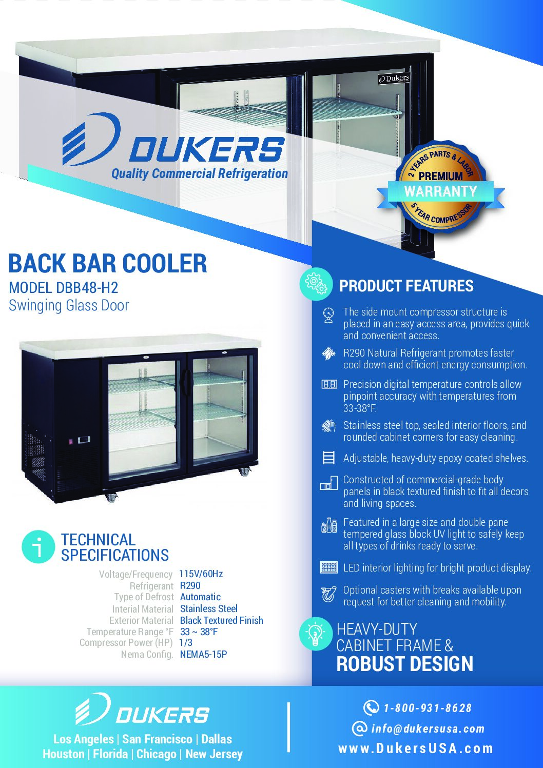 Dukers DBB48-H2 2-Door Bar and Beverage Cooler (Hinge Doors)