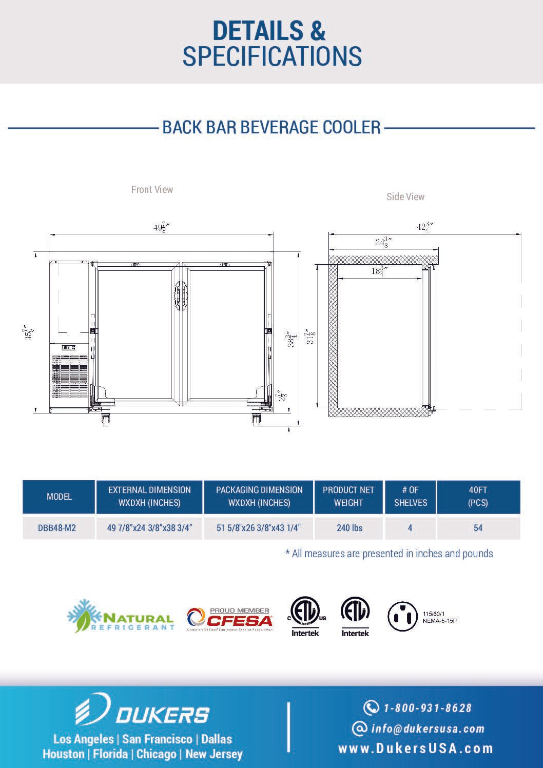 Dukers DBB48-M2 2-Door Bar and Beverage Cooler (Solid Doors)