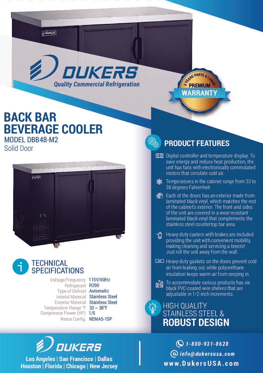 Dukers DBB48-M2 2-Door Bar and Beverage Cooler (Solid Doors)