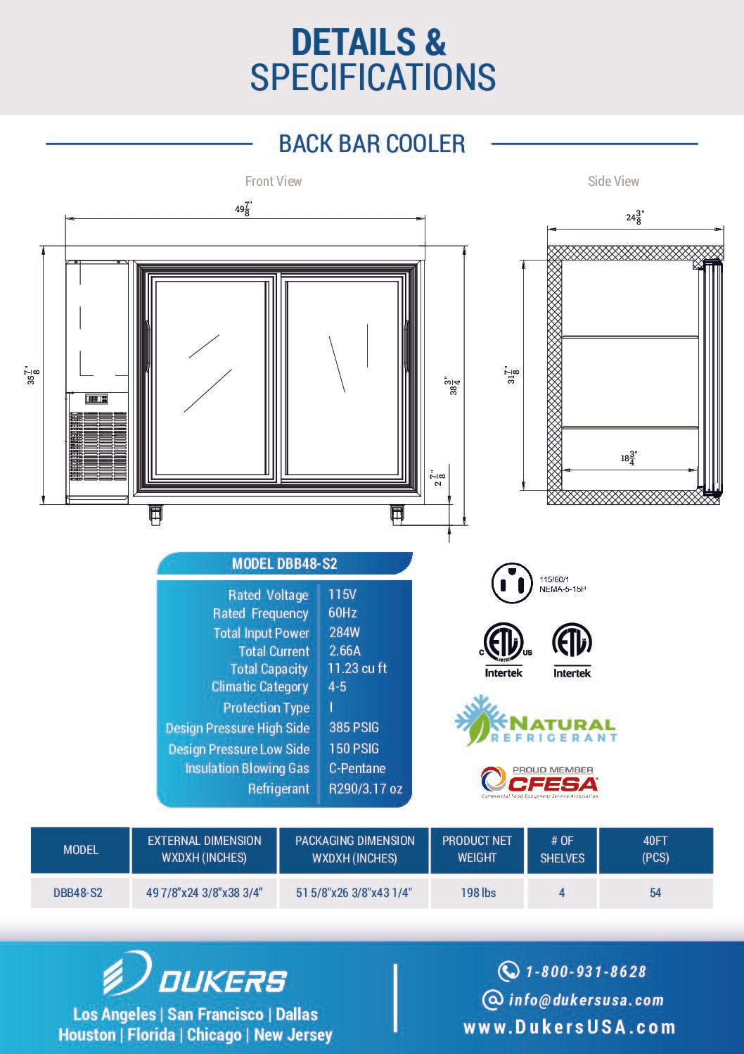 Dukers DBB48-S2 2-Door Bar and Beverage Cooler (Sliding Doors)