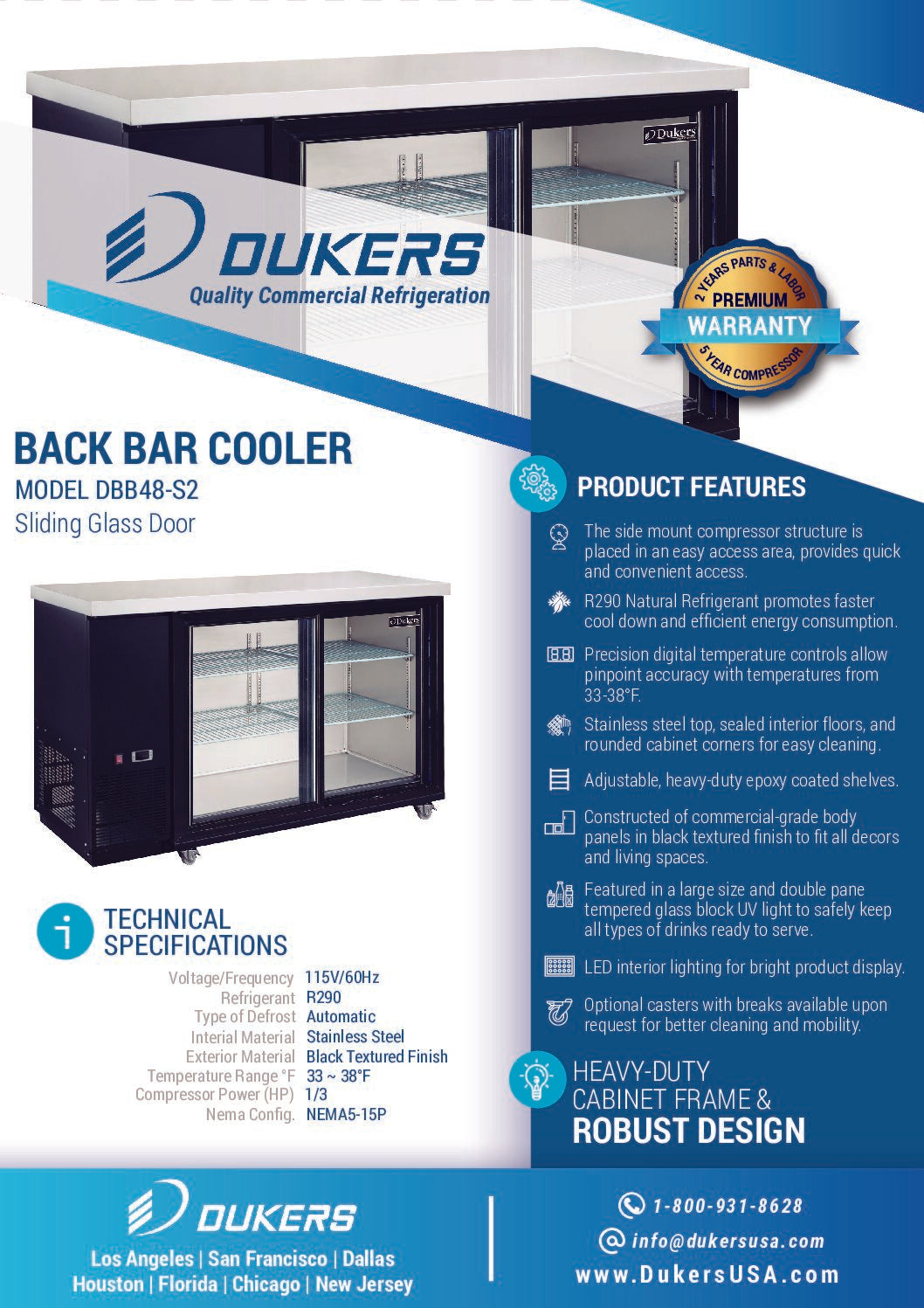 Dukers DBB48-S2 2-Door Bar and Beverage Cooler (Sliding Doors)