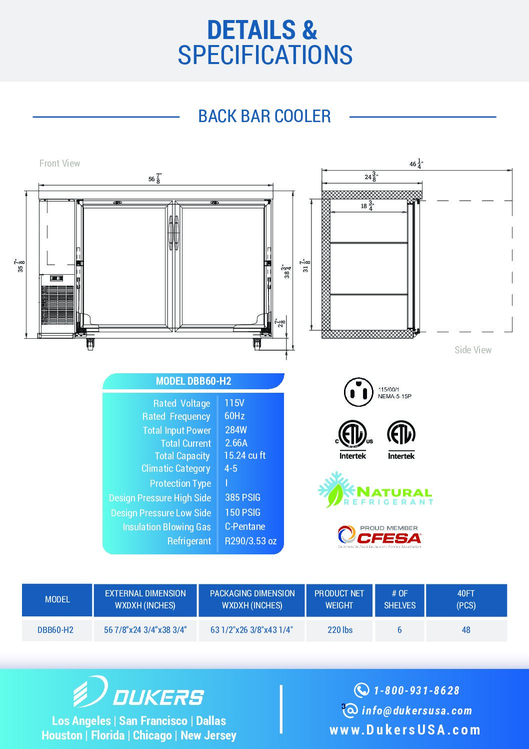 Dukers DBB60-H2 2 Door Bar and Beverage Cooler (Hinge Doors)