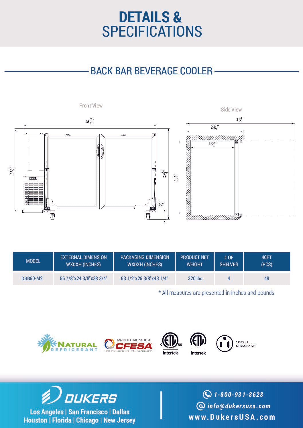 Dukers DBB60-M2 2-Door Bar and Beverage Cooler (Solid Doors)