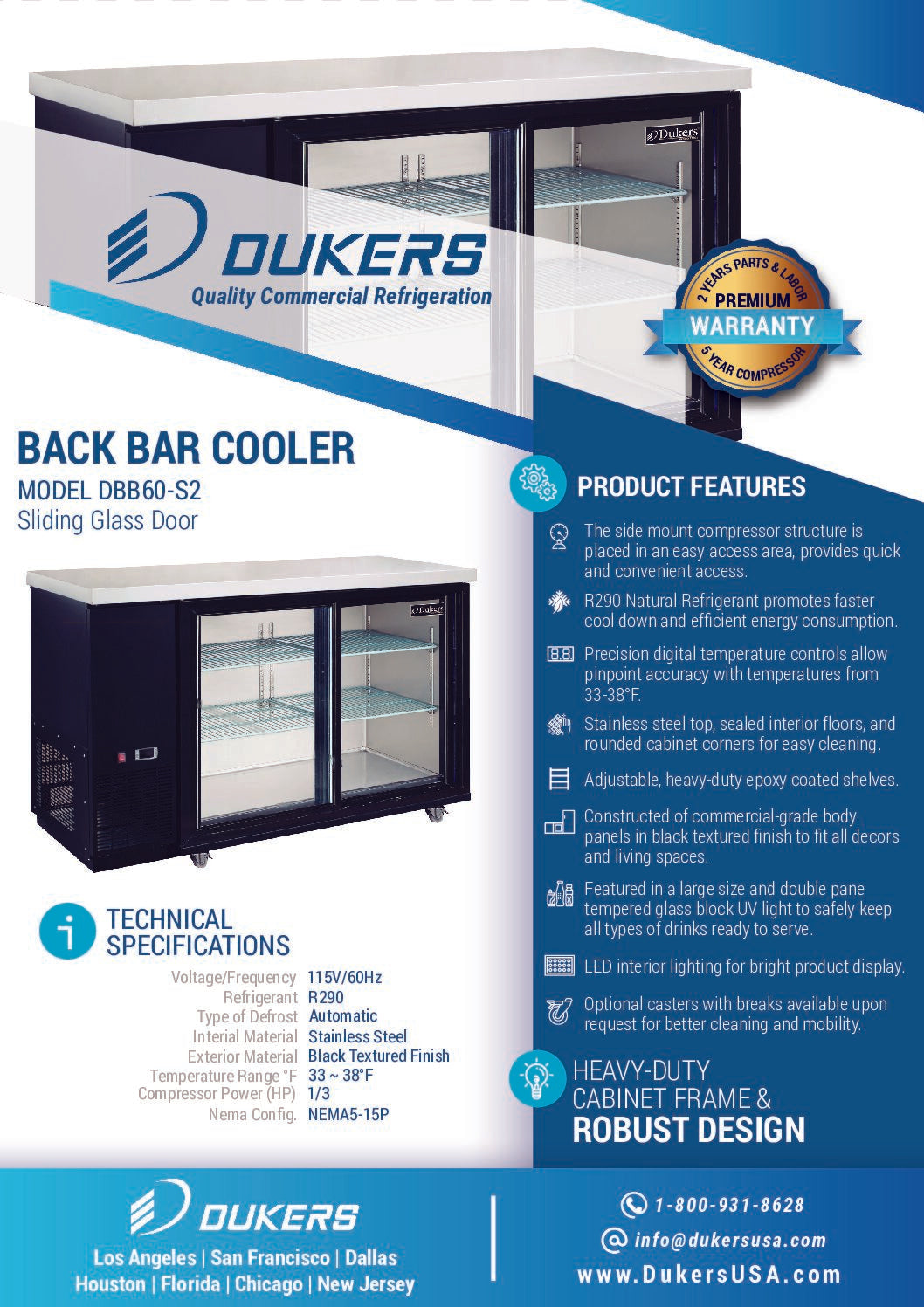 New Dukers DBB60-S2 2 Door Bar and Beverage Cooler (Sliding Doors)
