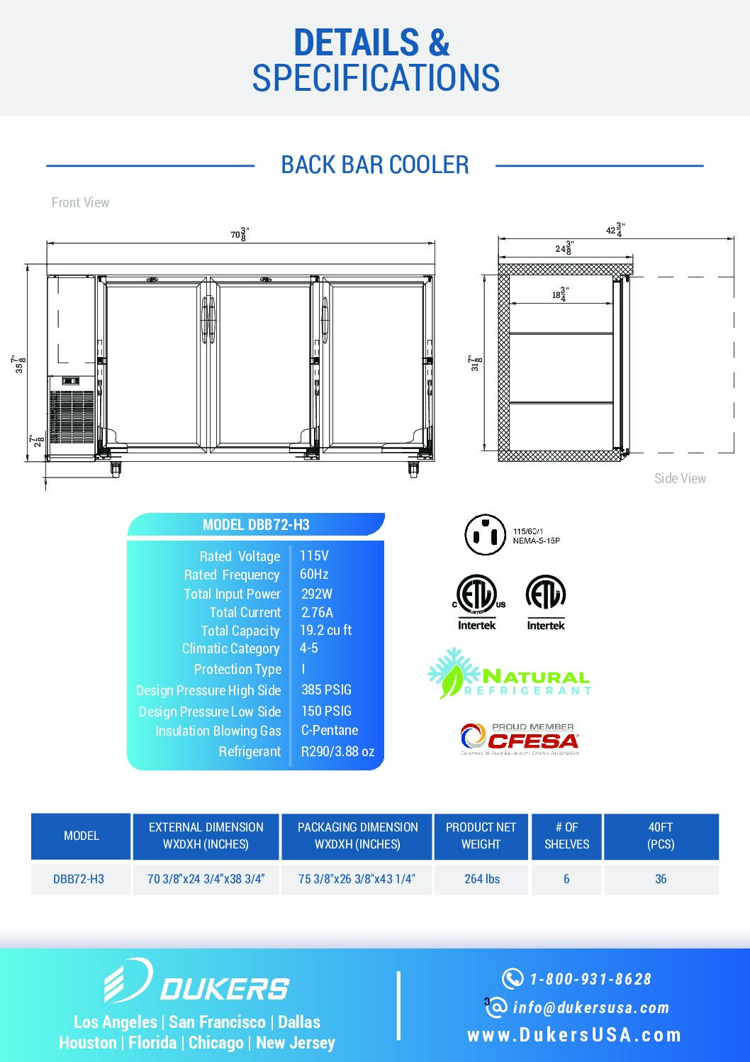 New Dukers DBB72-H3 3 Door Bar and Beverage Cooler (Hinge Doors)