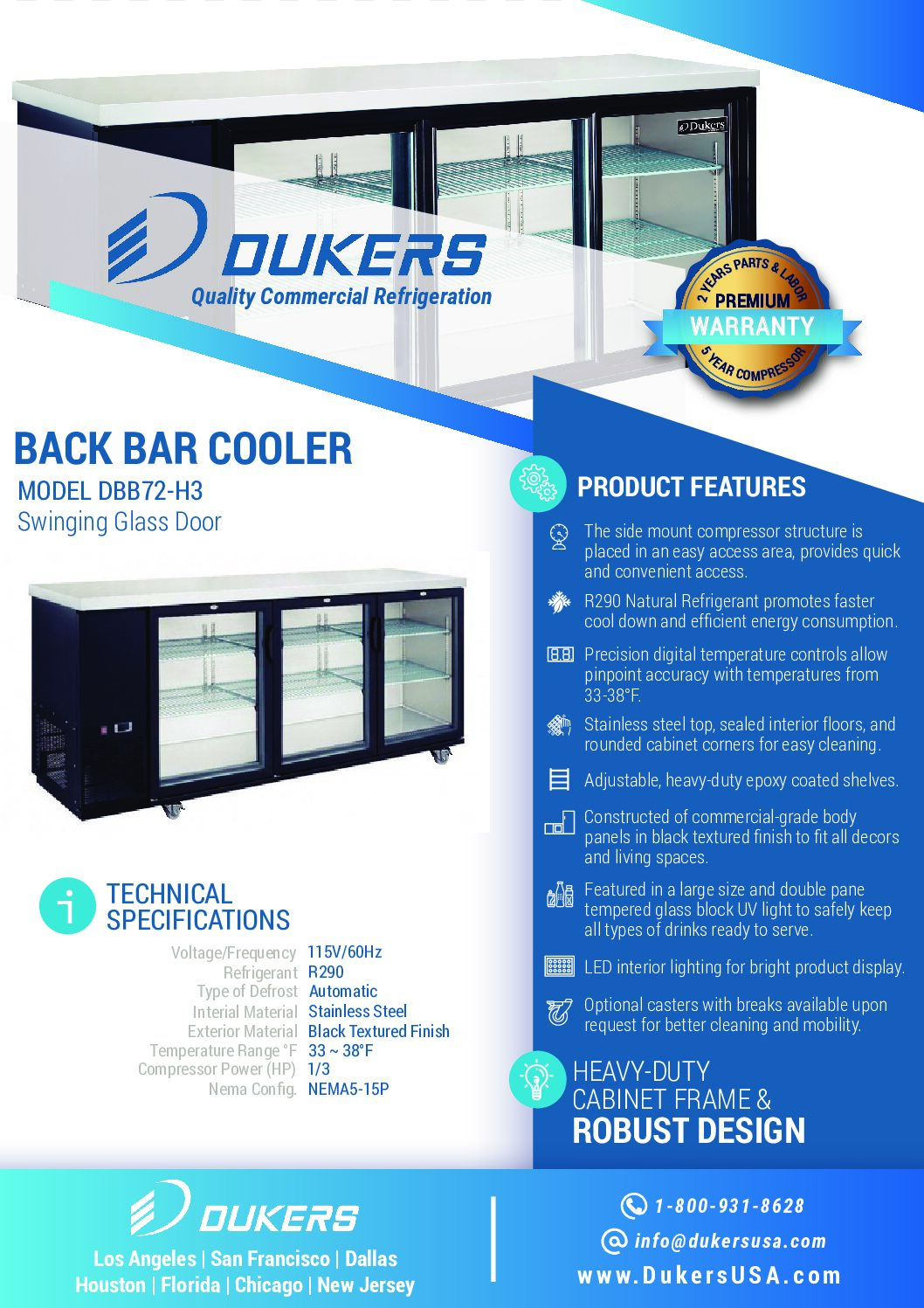 New Dukers DBB72-H3 3 Door Bar and Beverage Cooler (Hinge Doors)
