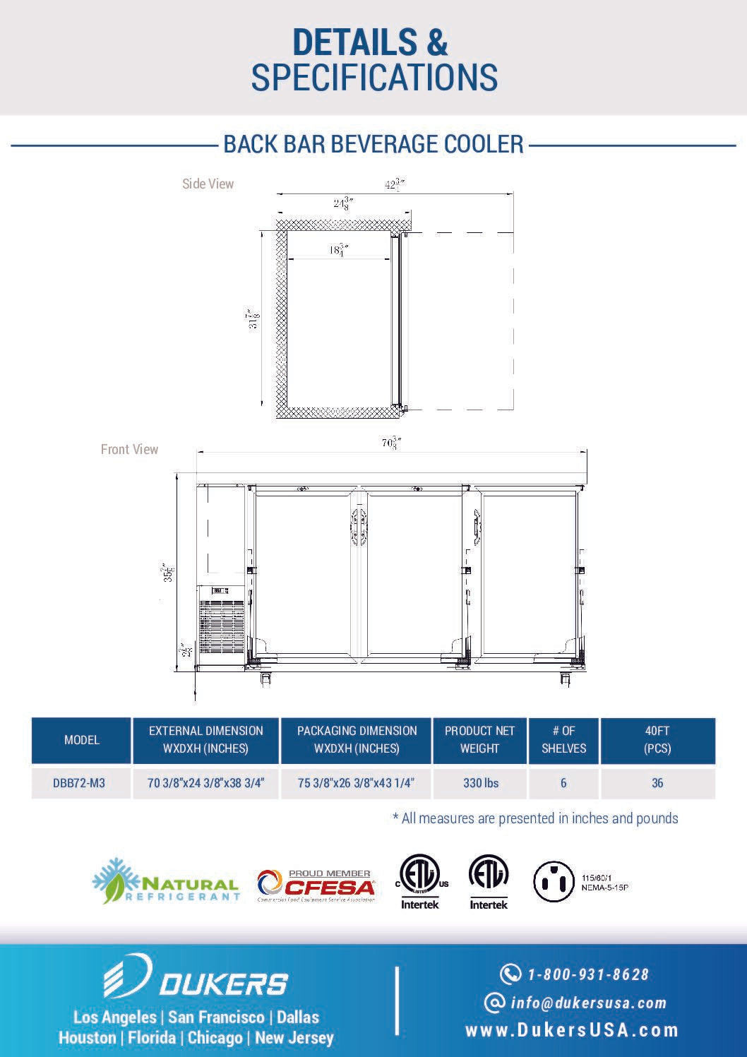 Dukers DBB72-M3 3-Door Bar and Beverage Cooler (Solid Doors)