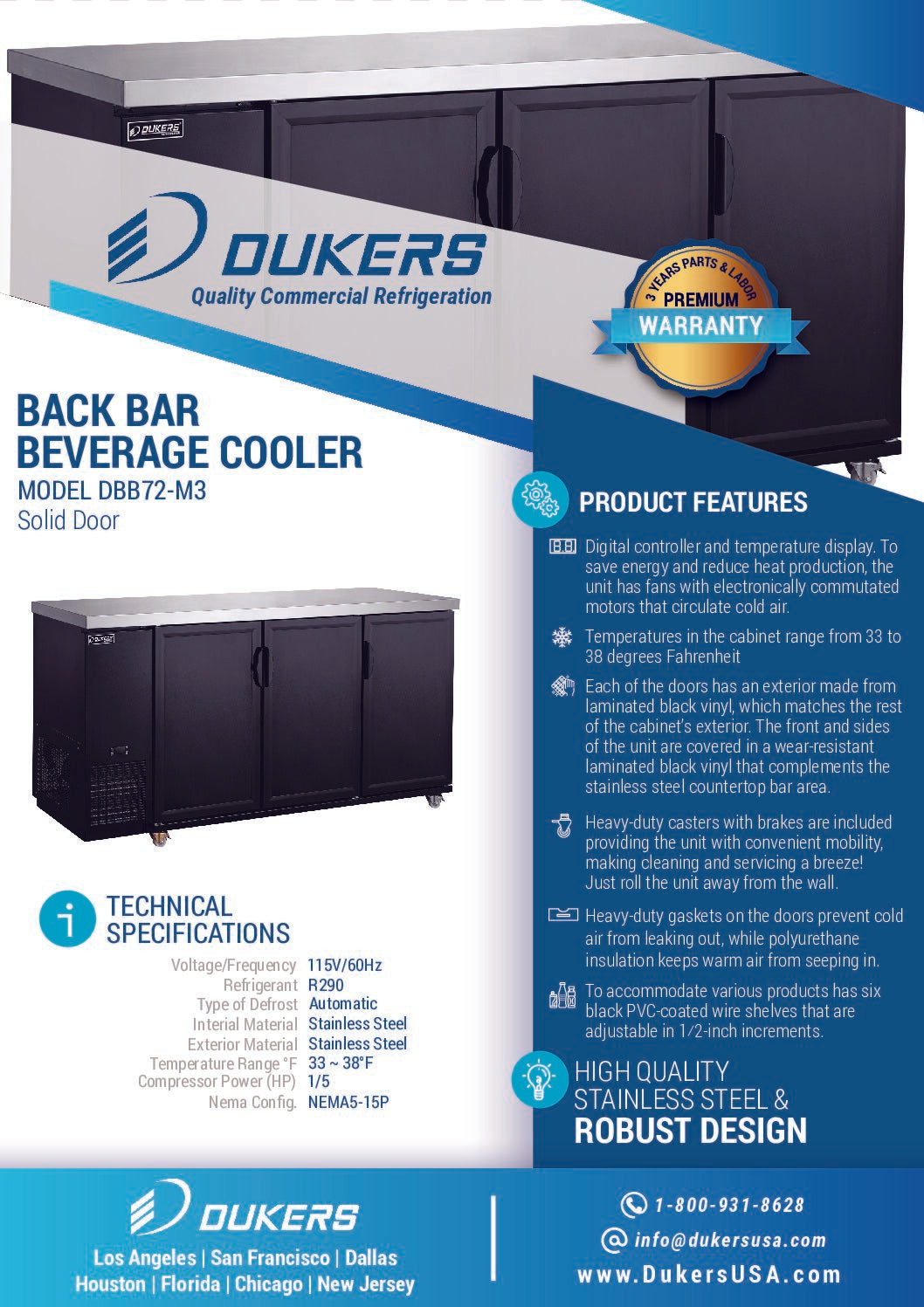 Dukers DBB72-M3 3-Door Bar and Beverage Cooler (Solid Doors)