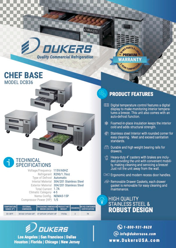 New Dukers DCB36-D2 Chef Base Refrigerator with 2 Drawers