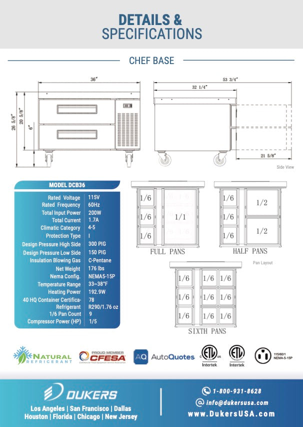 New Dukers DCB36-D2 Chef Base Refrigerator with 2 Drawers