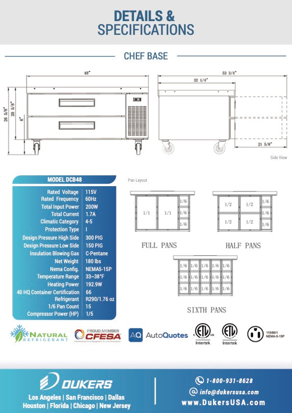 New Dukers DCB48-D2 Chef Base Refrigerator with 2 Drawers