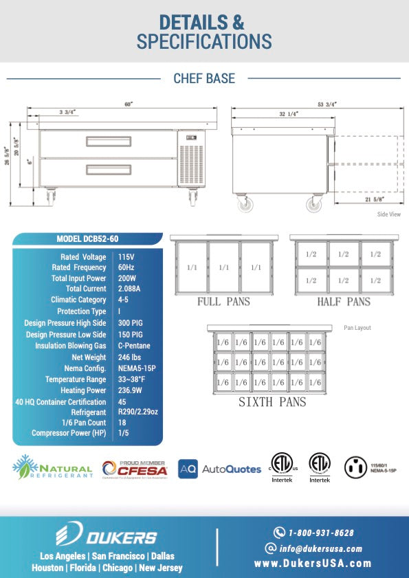 New Dukers DCB52-60-D2 Chef Base Refrigerator with 2 Drawers