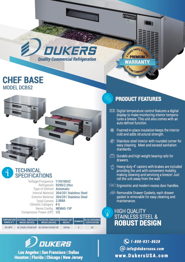 New Dukers DCB52-D2 Chef Base Refrigerator with 2 Drawers