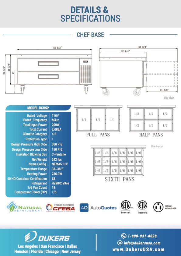 New Dukers DCB52-D2 Chef Base Refrigerator with 2 Drawers