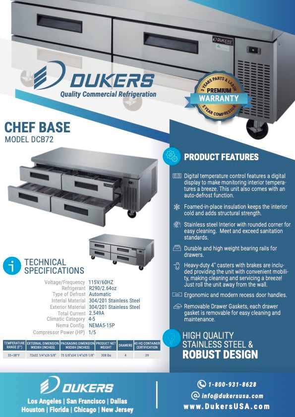 New Dukers DCB72-D4 Chef Base Refrigerator with 4 Drawers