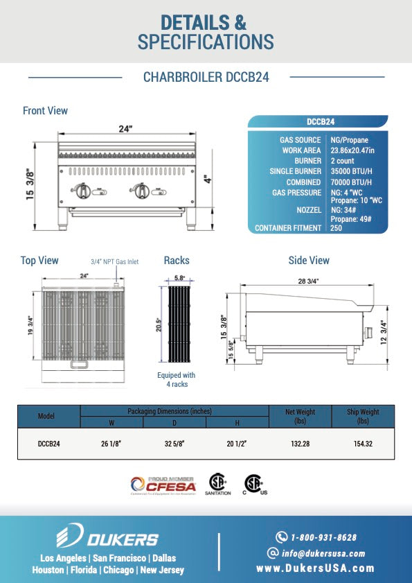 New Dukers DCCB24 24 in. W Countertop Charbroiler Chargrill Grill 70,000 BTU