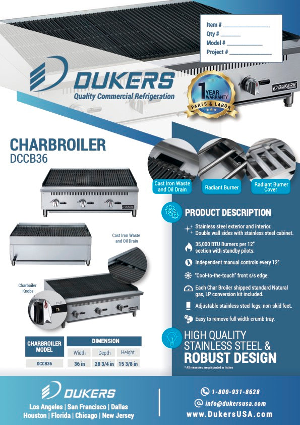 New Dukers DCCB36 36 in. W Countertop Charbroiler Chargrill Grill 105,000 BTU