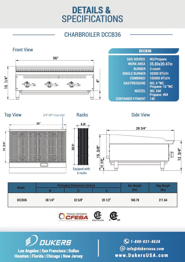 New Dukers DCCB36 36 in. W Countertop Charbroiler Chargrill Grill 105,000 BTU
