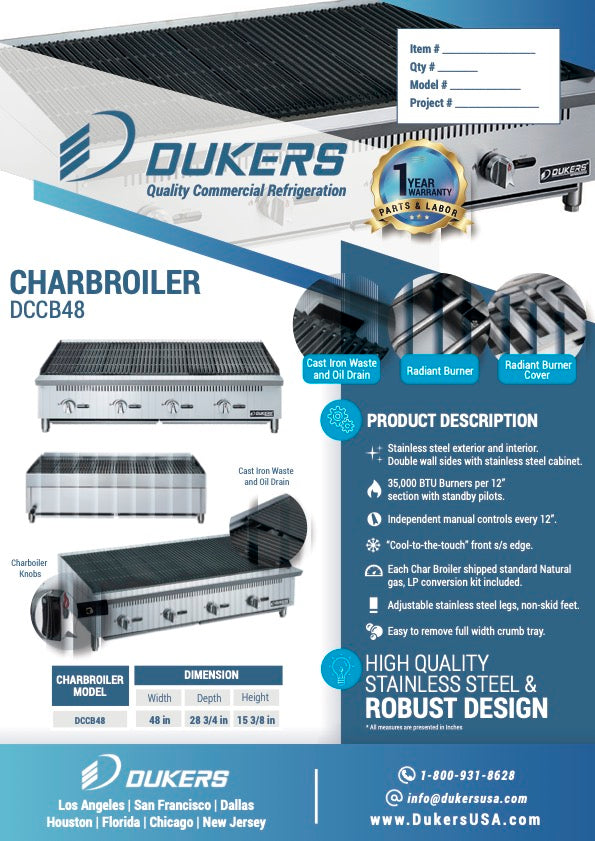 New Dukers DCCB48 48 in. W Countertop Charbroiler Chargrill Grill 140,000 BTU