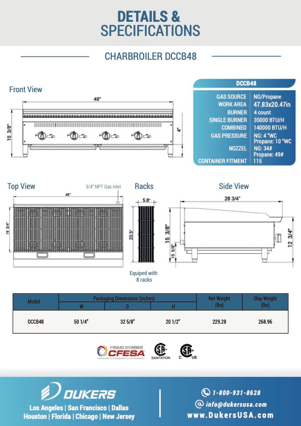 New Dukers DCCB48 48 in. W Countertop Charbroiler Chargrill Grill 140,000 BTU