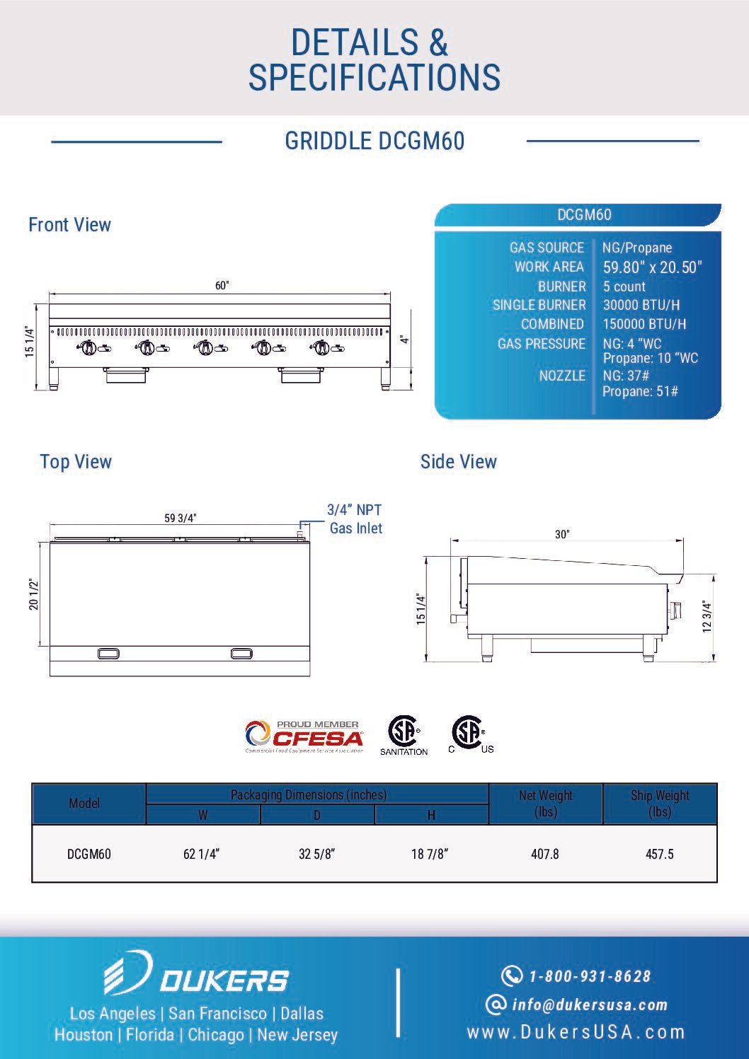 New Dukers DCGM60 60 in. W Flat Top Griddle with 5 Burners