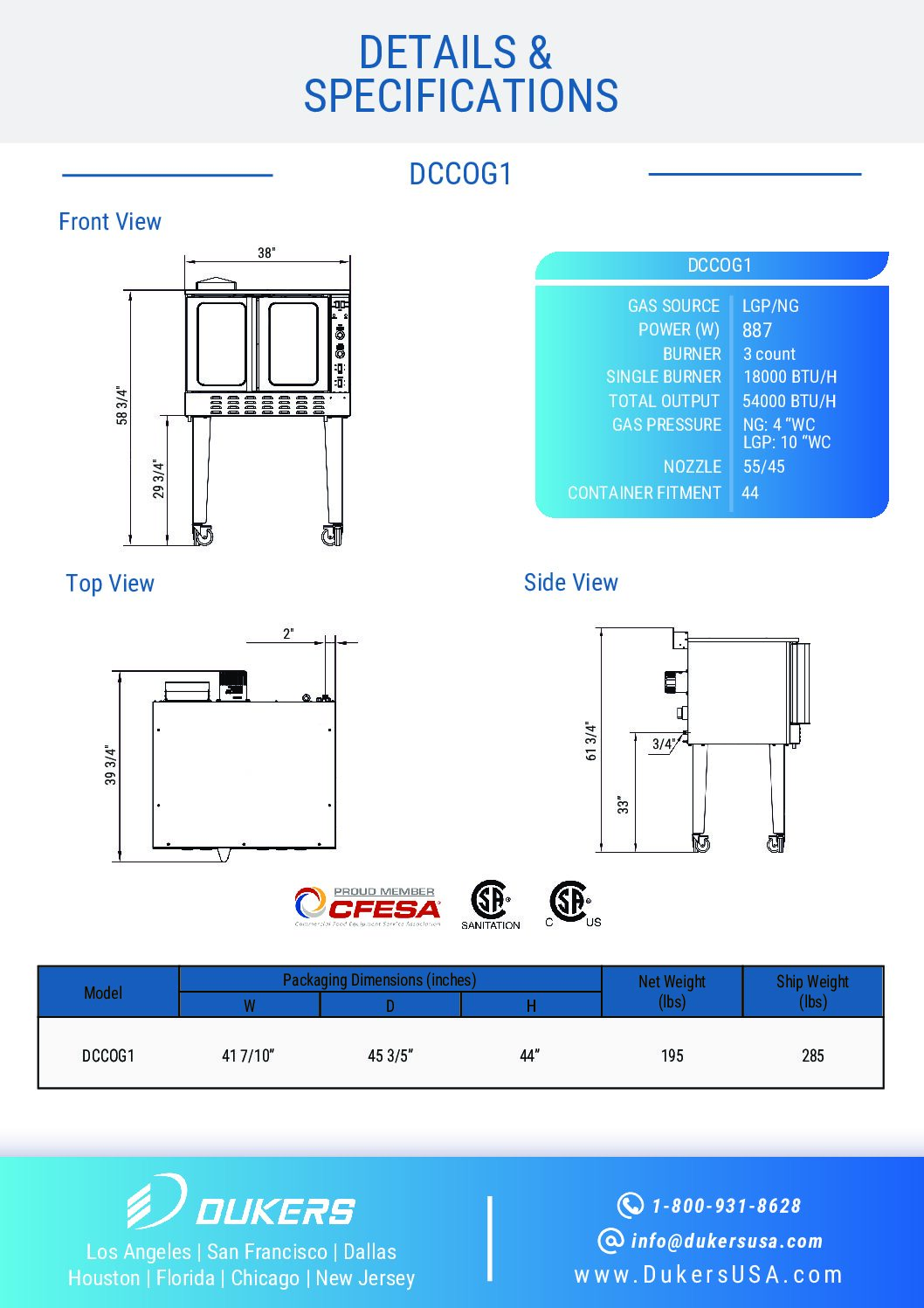 New Dukers DCCOG1 Single Gas Convection Oven