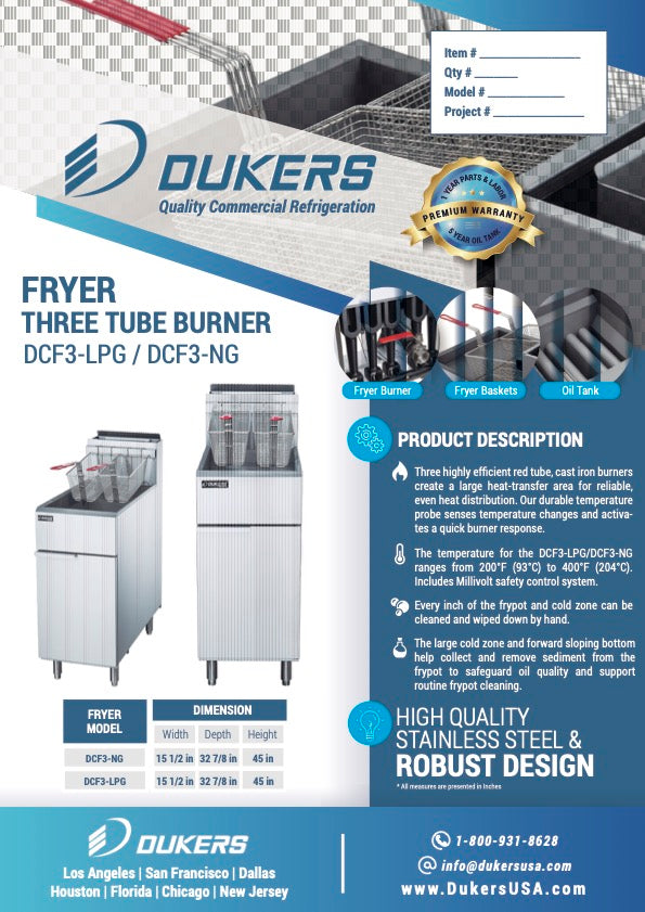 New Dukers DCF3-LPG Liquid Propane Gas Floor Fryer with 3 Tube Burners 40lbs 90,000 BTU on Casters