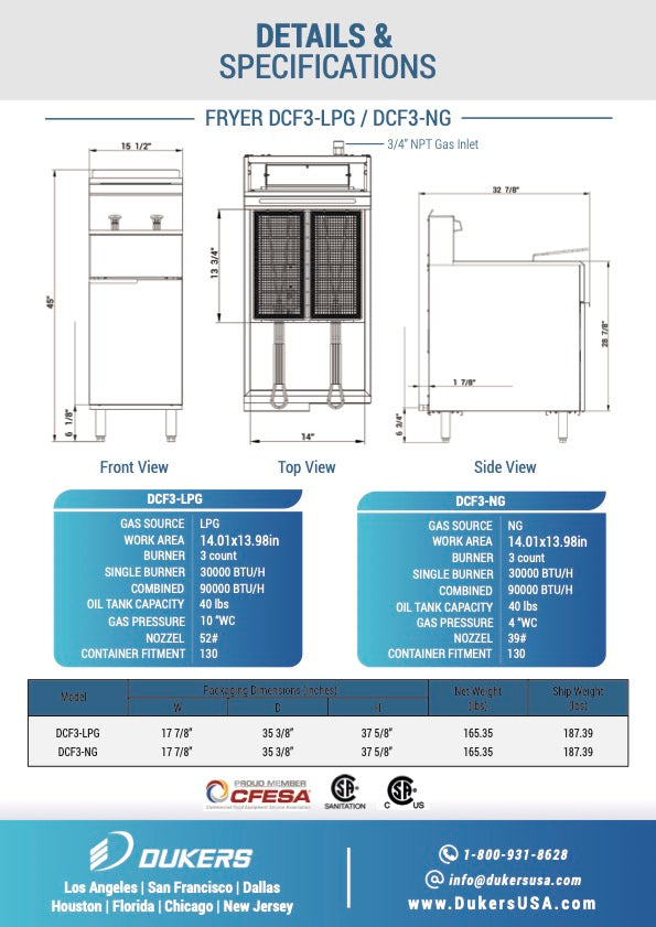 New Dukers DCF3-LPG Liquid Propane Gas Floor Fryer with 3 Tube Burners 40lbs 90,000 BTU on Casters