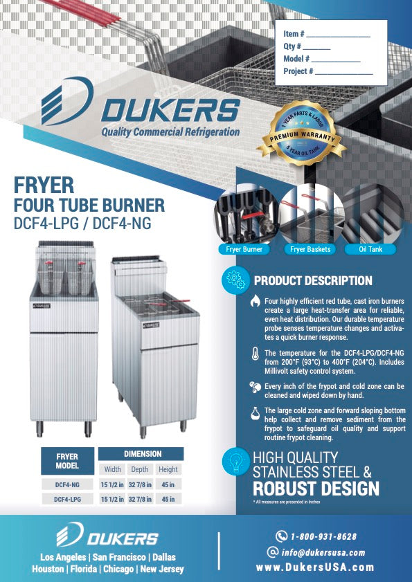 New Dukers DCF4-LPG Liquid Propane Floor Gas Fryer with 4 Tube Burners 50lbs 120,000 BTU on Casters