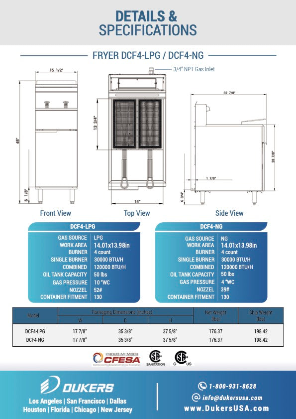 New Dukers DCF4-LPG Liquid Propane Floor Gas Fryer with 4 Tube Burners 50lbs 120,000 BTU on Casters