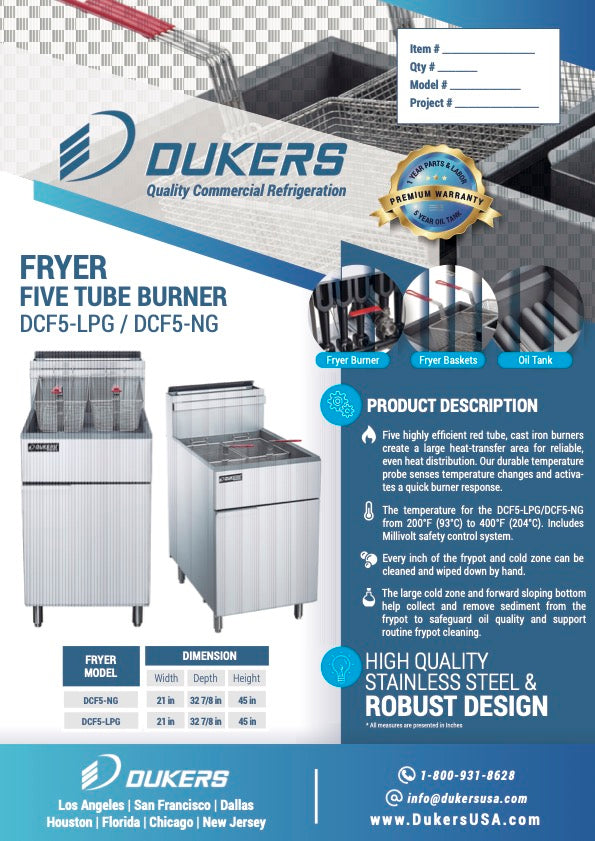 Dukers DCF5-LPG Liquid Propane Gas Fryer with 5 Tube Burners 70lbs