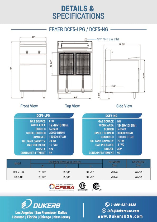 New Dukers DCF5-NG Natural Gas Floor Fryer with 5 Tube Burners 70lbs 150,000 BTU on Legs