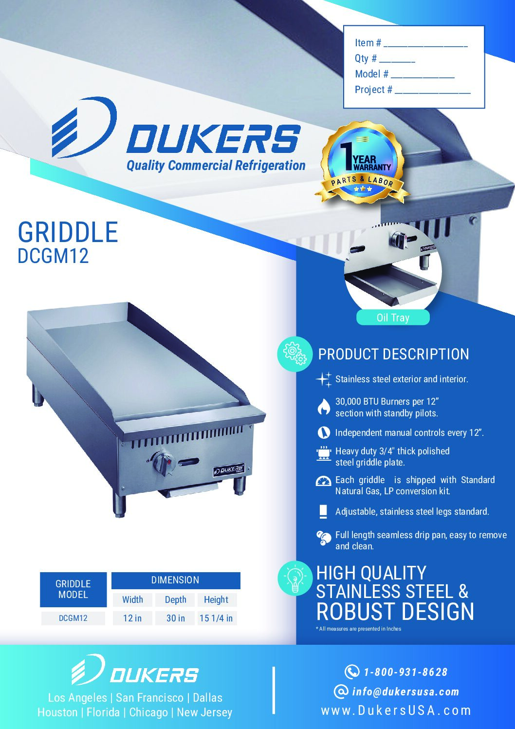 New Dukers DCGM12 12 in. W Flat Top Griddle with 1 Burners