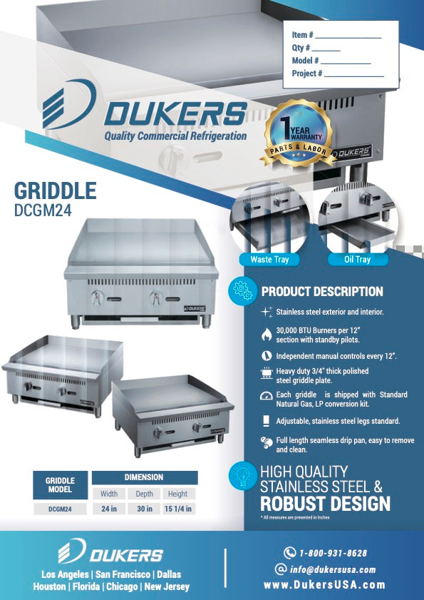 New Dukers DCGM24 24 in. W Flat Top Griddle with 2 Burners