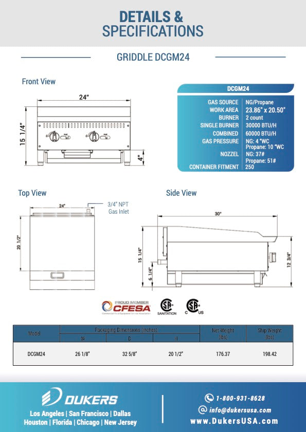 New Dukers DCGM24 24 in. W Flat Top Griddle with 2 Burners