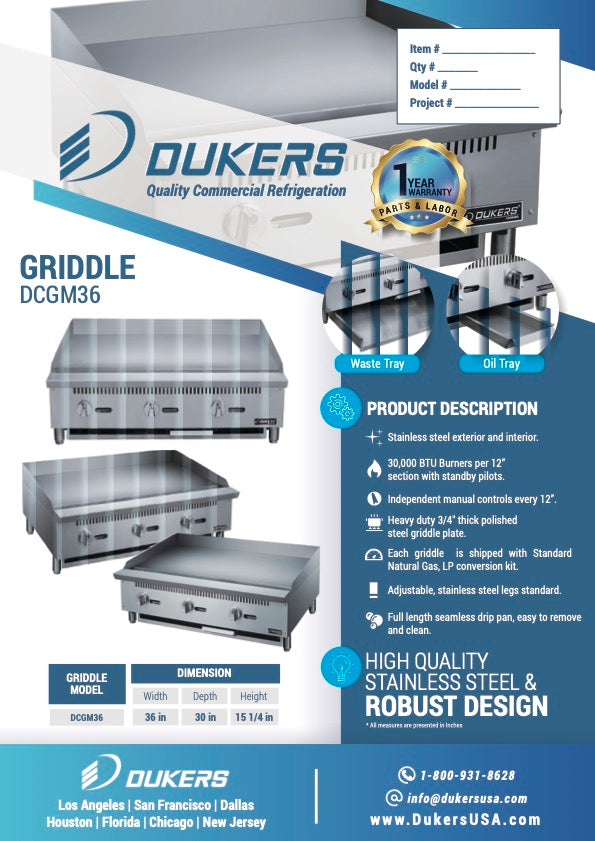 New Dukers DCGM36 36 in. W Flat Top Griddle with 3 Burners
