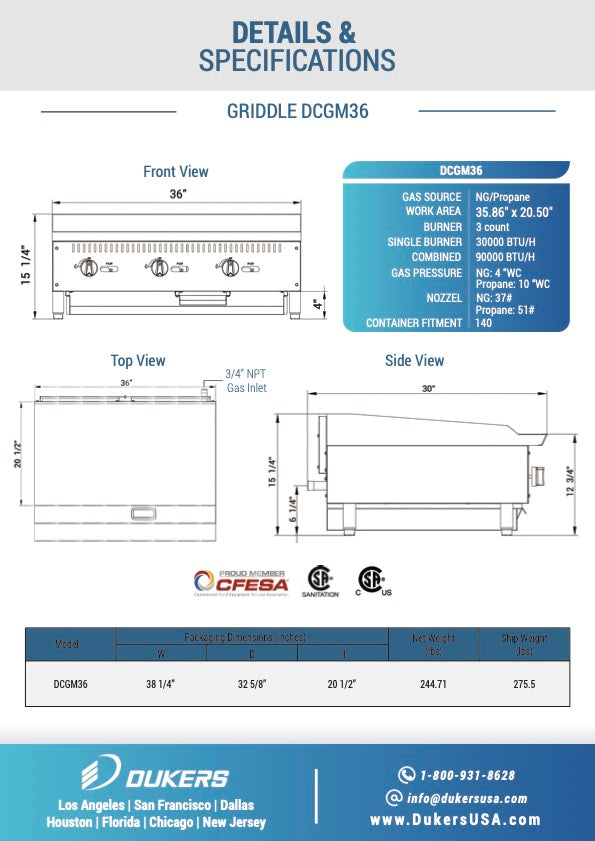 New Dukers DCGM36 36 in. W Flat Top Griddle with 3 Burners