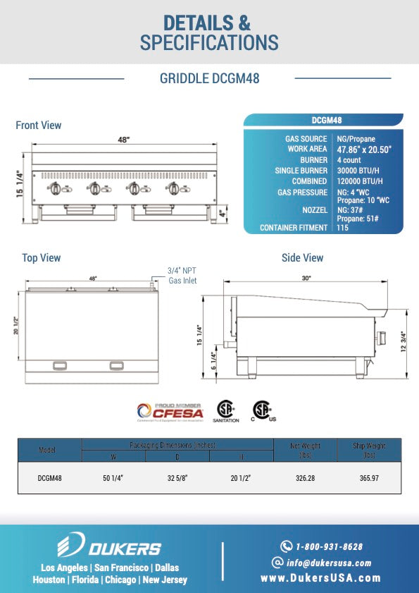 New Dukers DCGM48 48 in. W Flat Top Griddle with 4 Burners