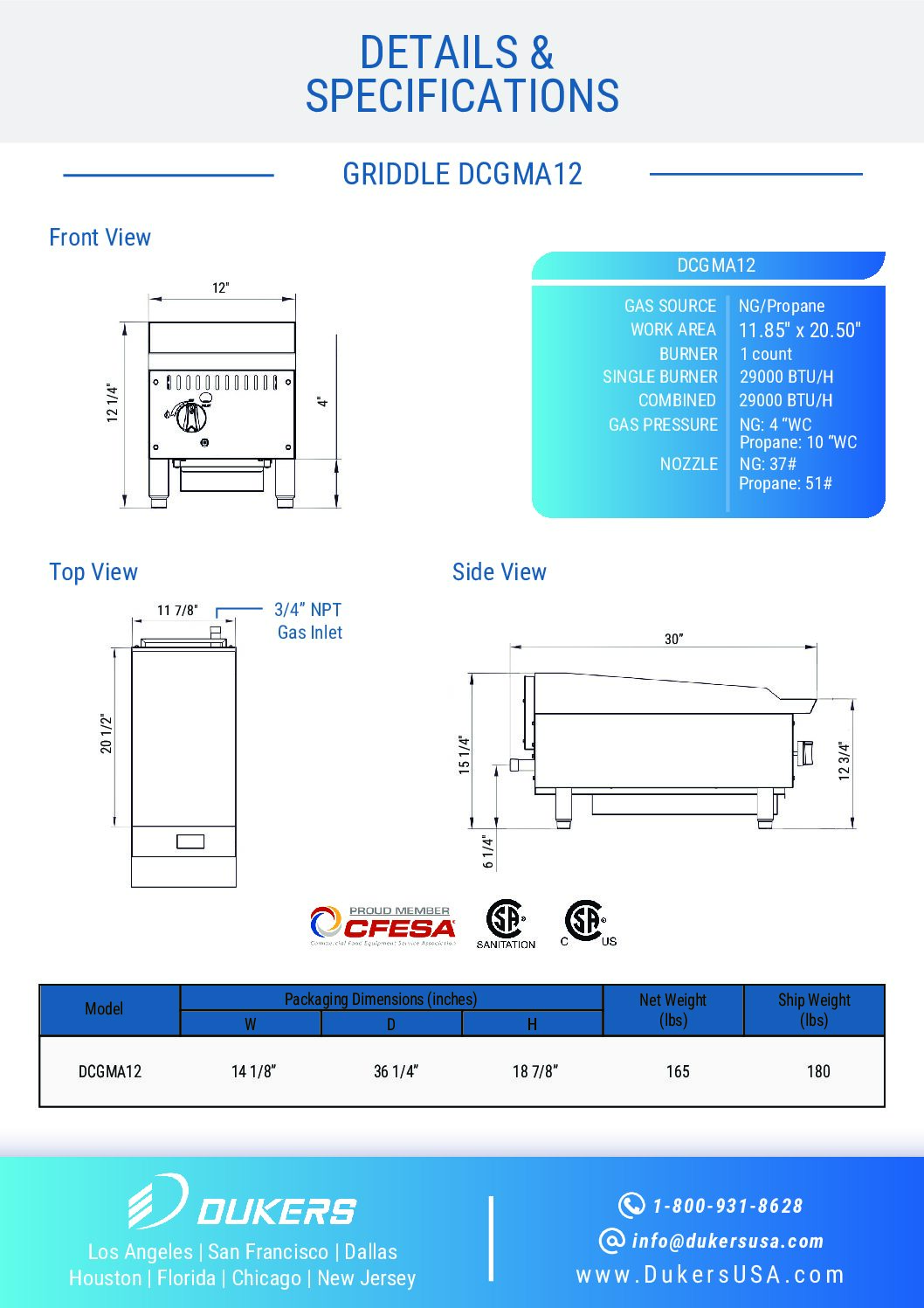 New Dukers DCGMA12 12 in. W Flat Top Griddle with 1 Burners